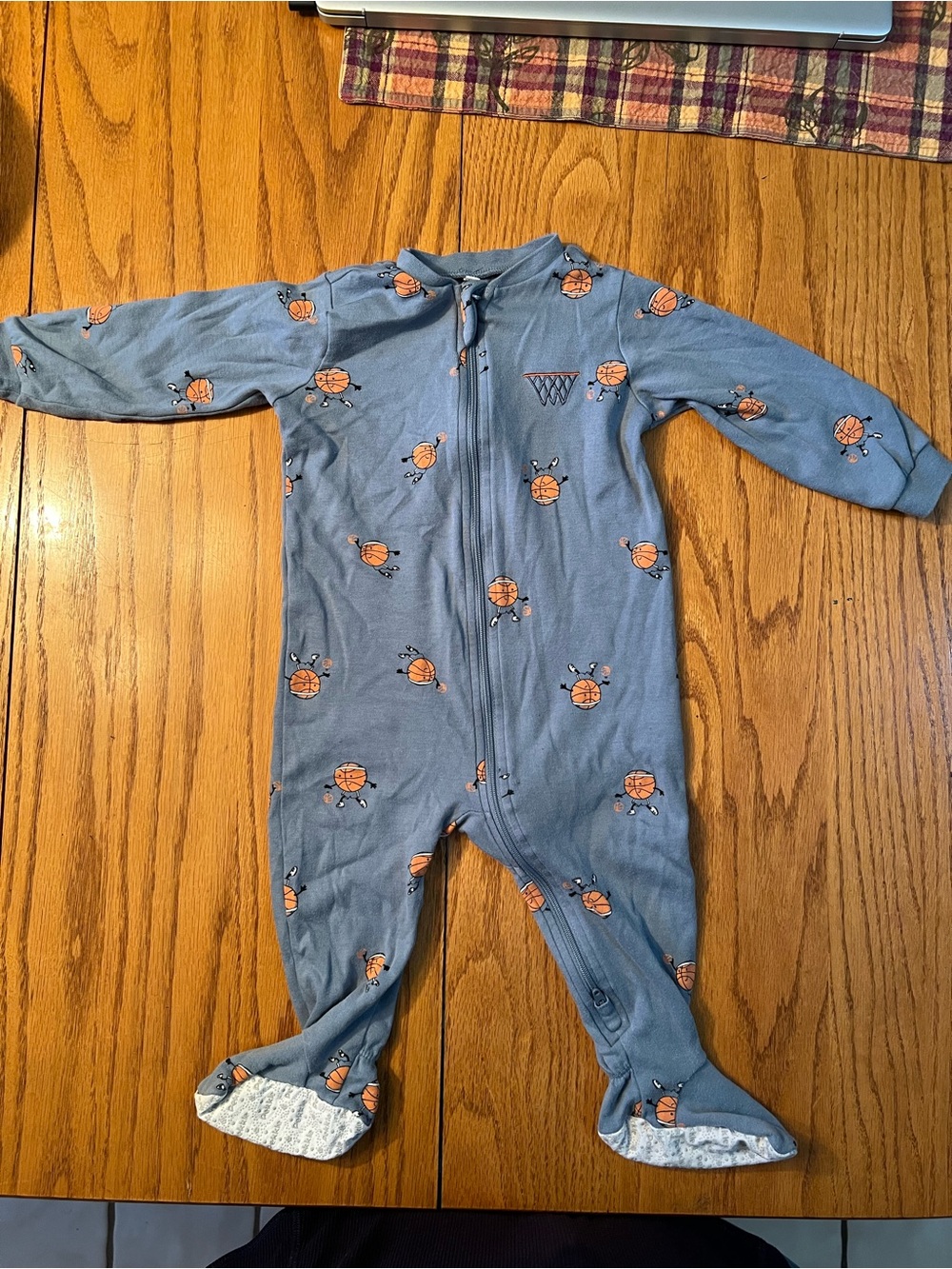 Pekkle Blue Baby One-Piece Footed Zip Pajamas with Basketball Print,GUC,Size 12m